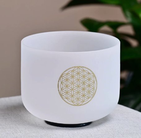 CSB-130 - 12inch FLOWER OF LIFE - C Note - Root Chakra, Crystal Quartz Singing Bowl, with mallet, O ring and Case.