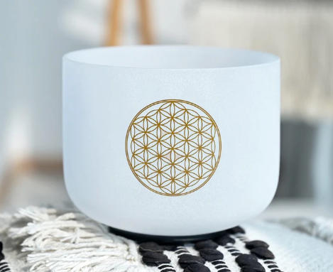 CSB-130 - 12inch FLOWER OF LIFE - C Note - Root Chakra, Crystal Quartz Singing Bowl, with mallet, O ring and Case.