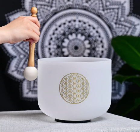 CSB-130 - 12inch FLOWER OF LIFE - C Note - Root Chakra, Crystal Quartz Singing Bowl, with mallet, O ring and Case.